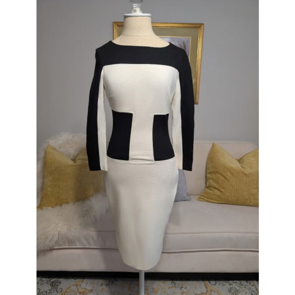 Cache Color-Blocked Black & White Bodycon Midi Dress